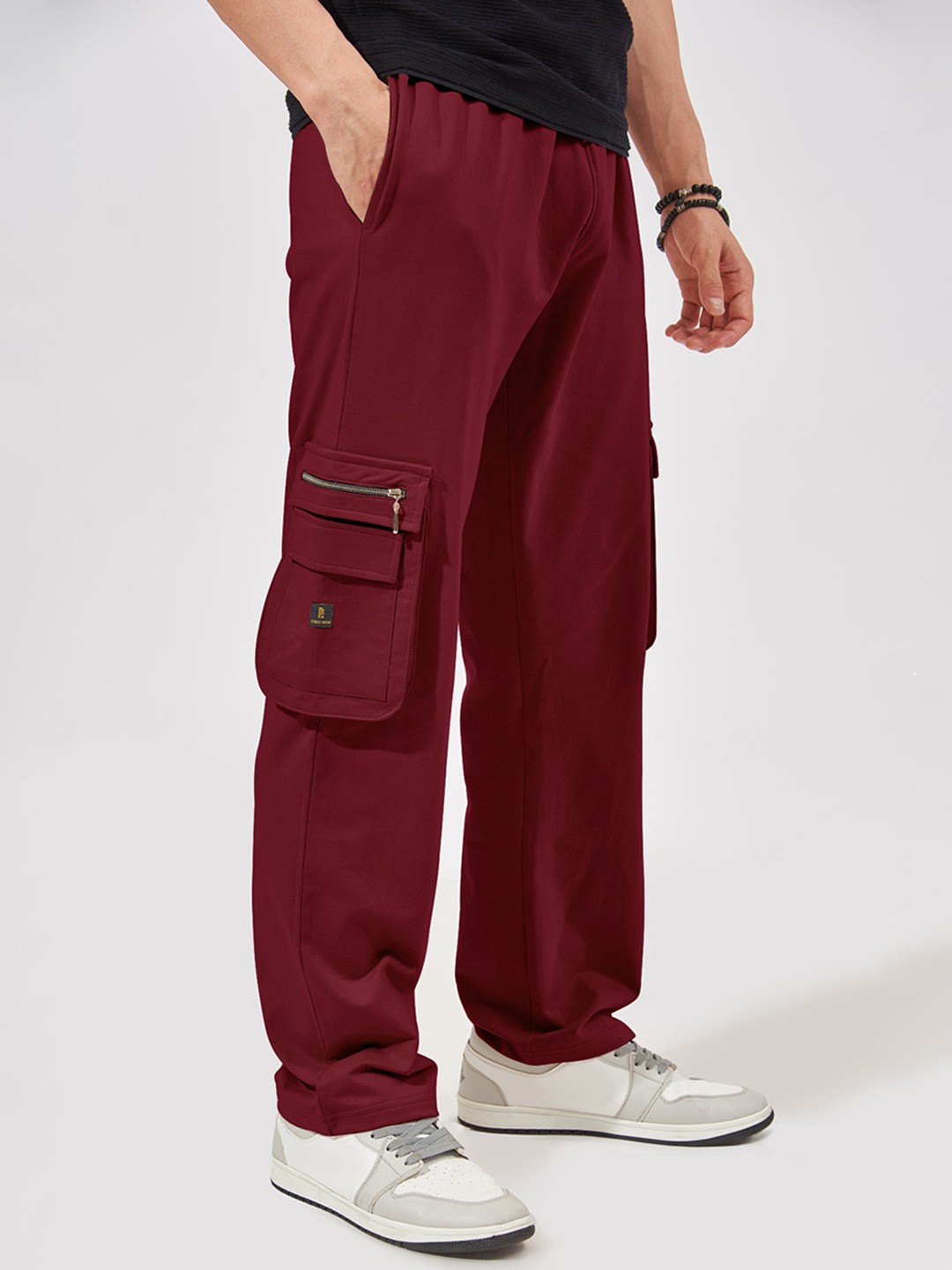 

Maniac Men Oversized Cotton Cargo Track Pants, Burgundy