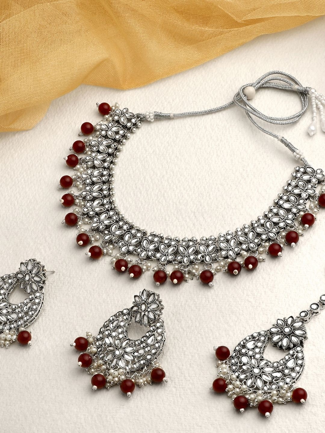 

AccessHer Silver Plated Kundan Studded & Beaded Jewellery Set