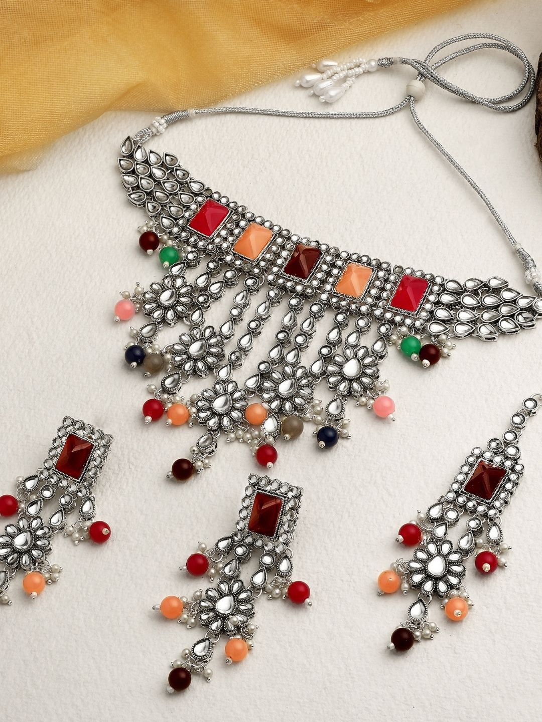 

AccessHer Silver-Plated Kundan-Studded & Pearl Beaded Jewellery Set