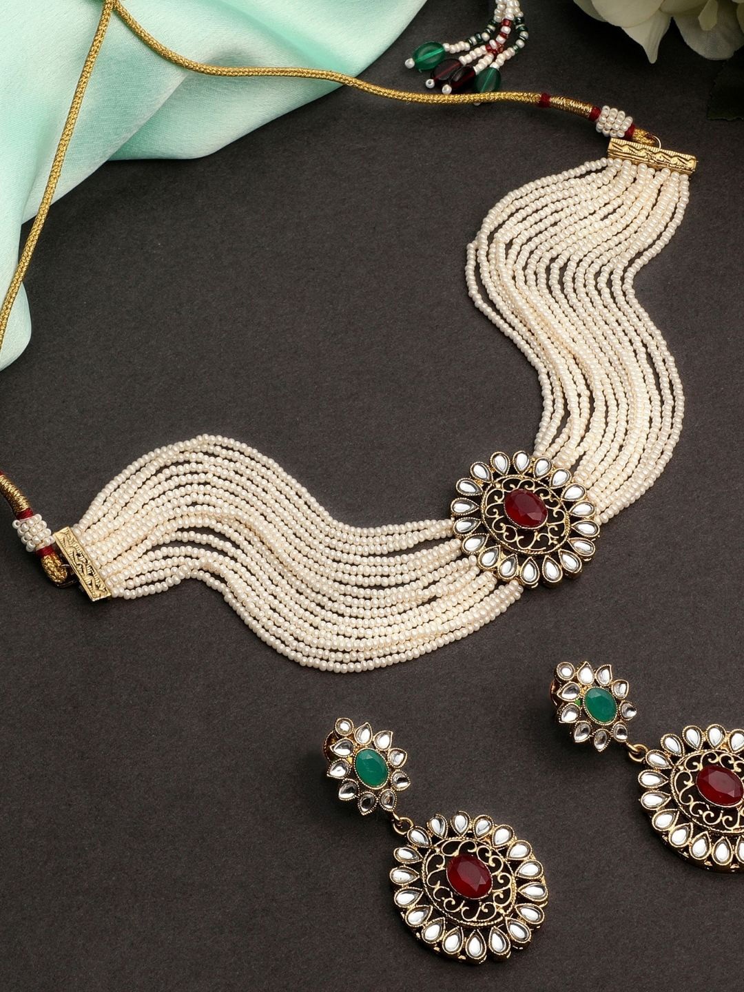 

AccessHer Gold-Plated Stones-Studded & Pearl-Beaded Jewellery Set