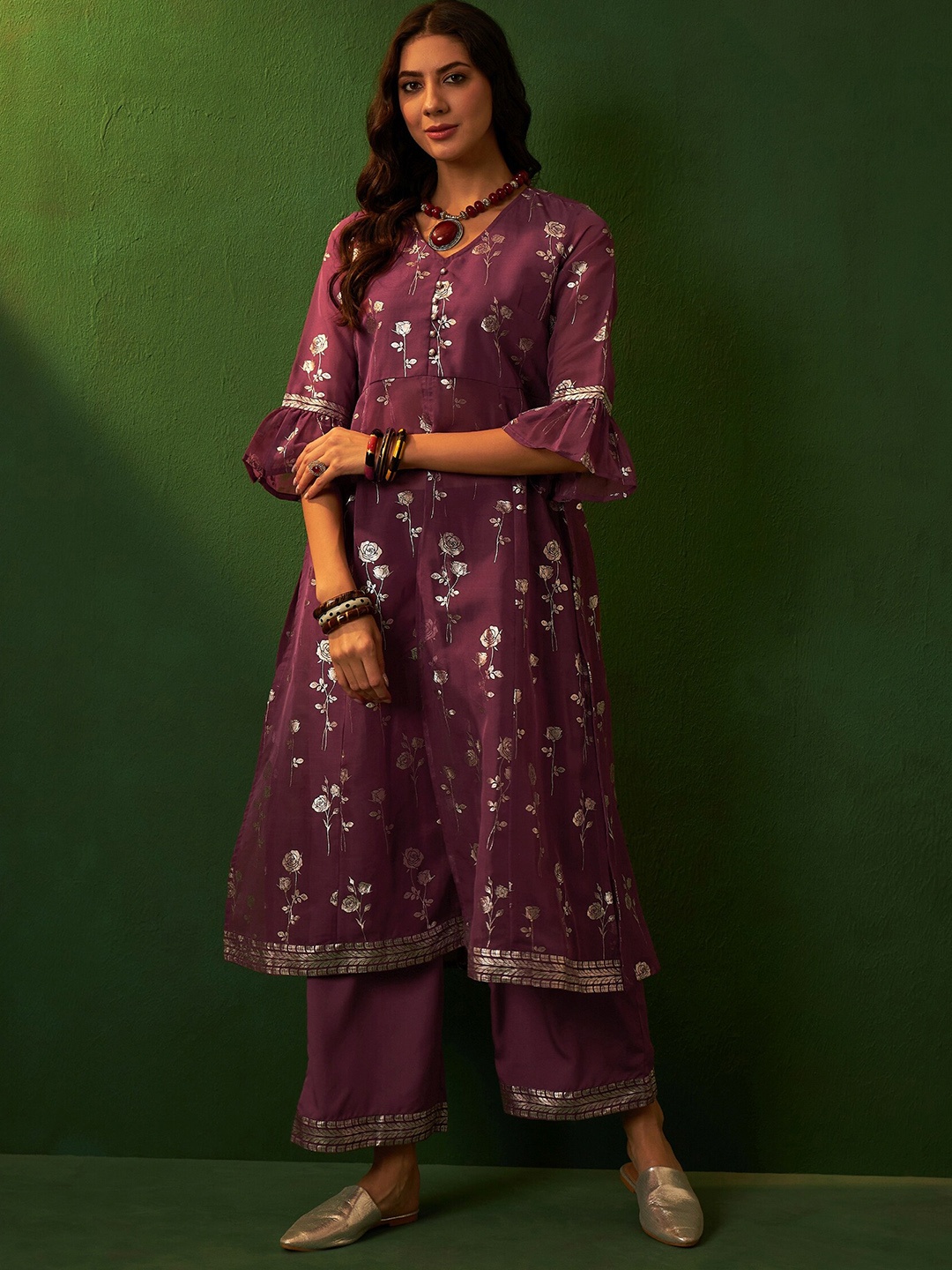 

Sangria Flared Kurta Palazzo Organza Set, Pink