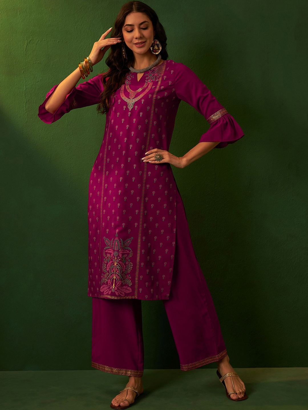 

Sangria Embroidered Straight Kurta Palazzo Set, Pink