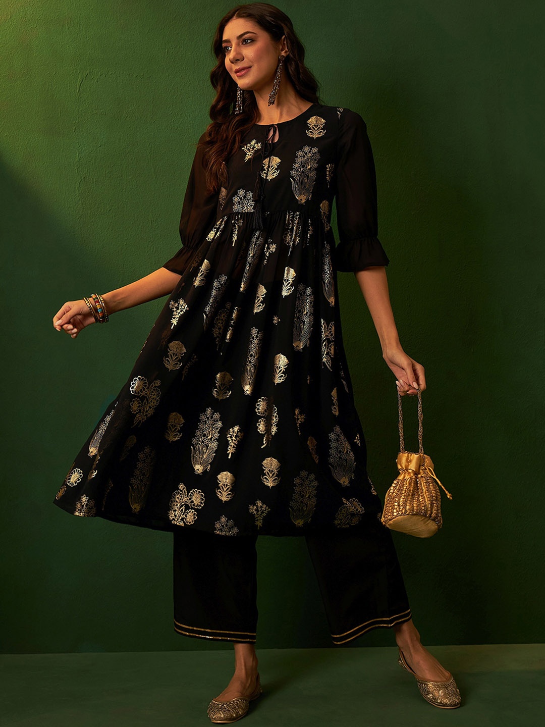

Sangria Flared Kurta Palazzo Set, Black