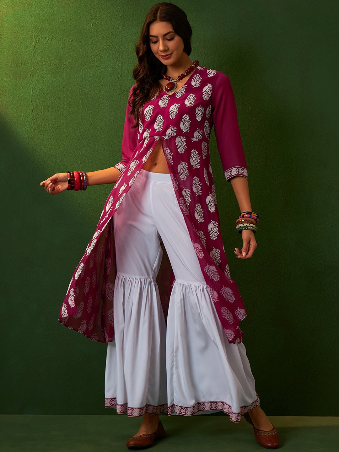

Sangria Printed A-Line Kurta With Sharara Set, Pink