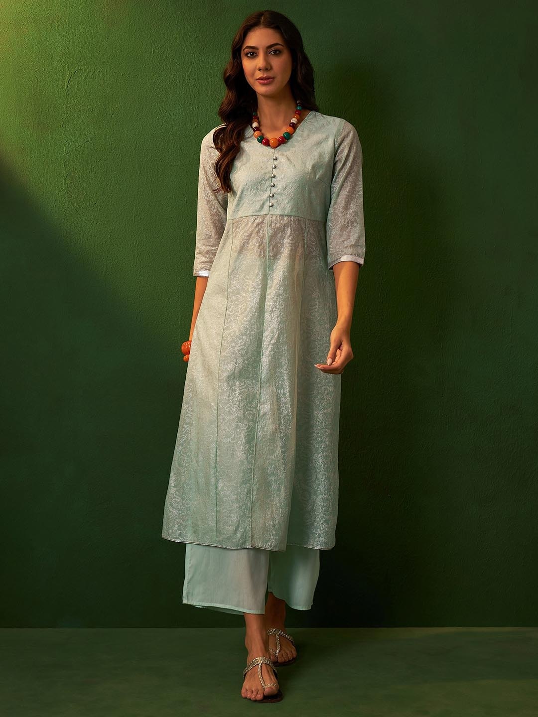 

Sangria V-Neck Flared Kurta Palazzo Set, Green