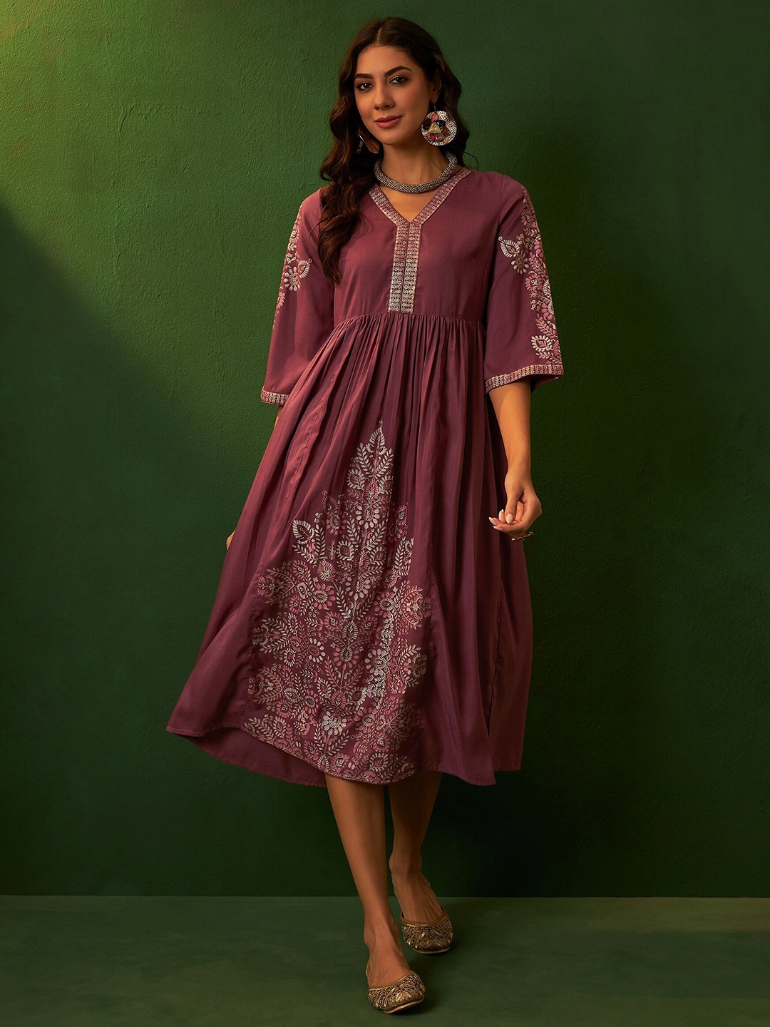 

Sangria Printed A-Line Ethnic Dress, Maroon