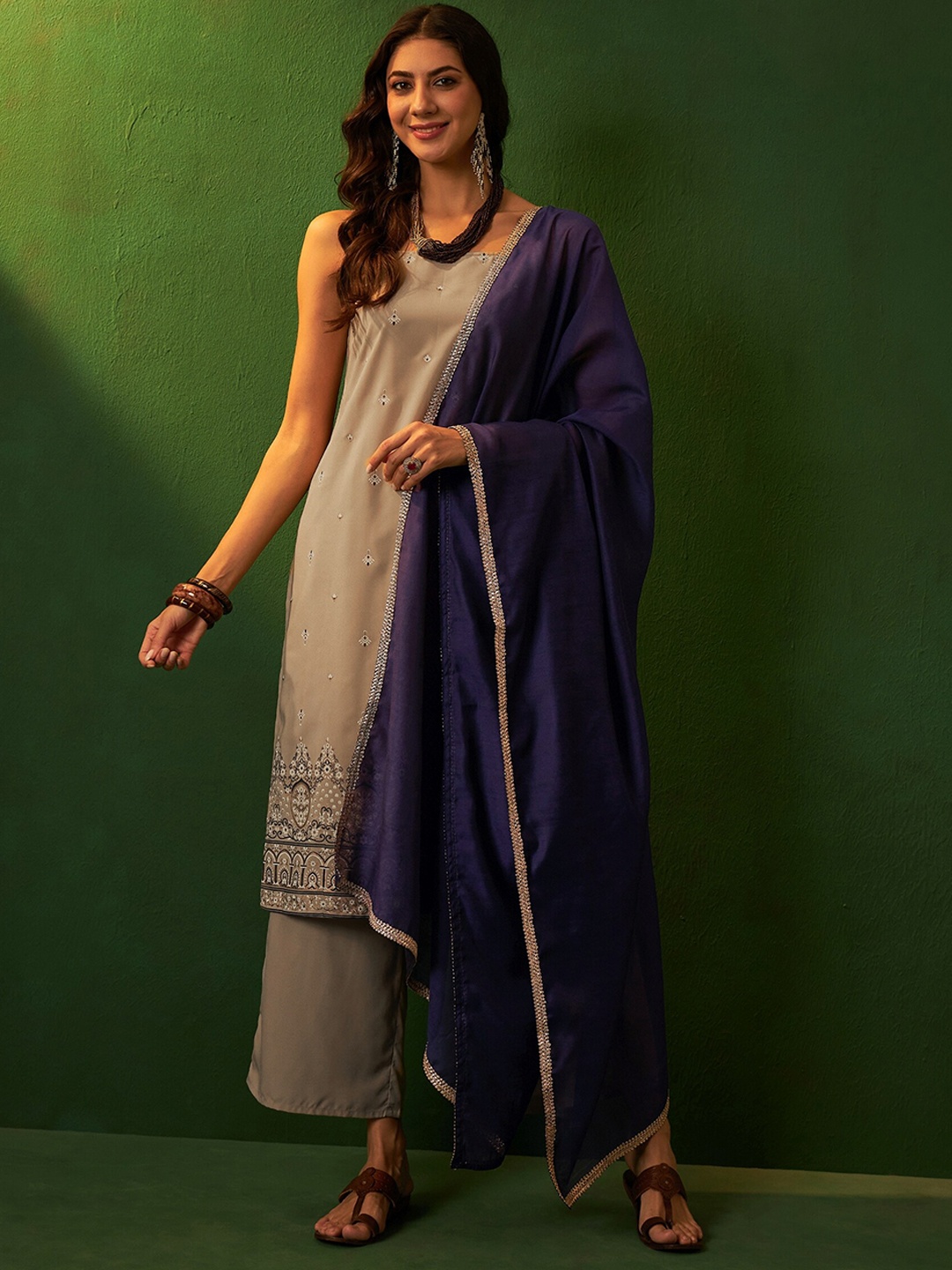 

Sangria Foil Printed Straight Kurta With Palazzo & Dupatta Set, Beige