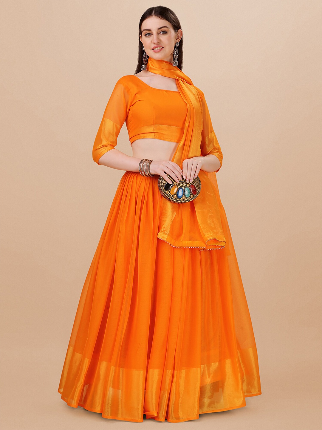 

N N ENTERPRISE Semi-Stitched Lehenga & Unstitched Blouse With Dupatta, Orange