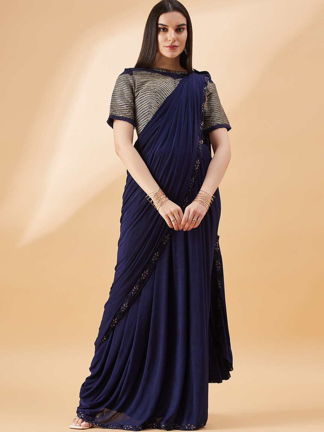 

all about you Embroidered Ready to Wear Saree, Navy blue