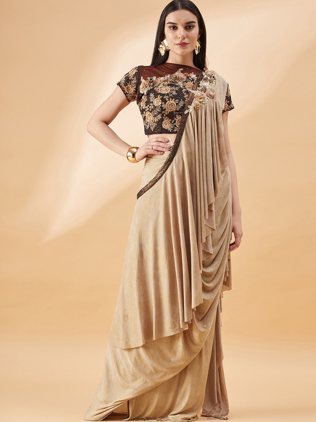 

all about you Embroidered Ready to Wear Saree, Beige