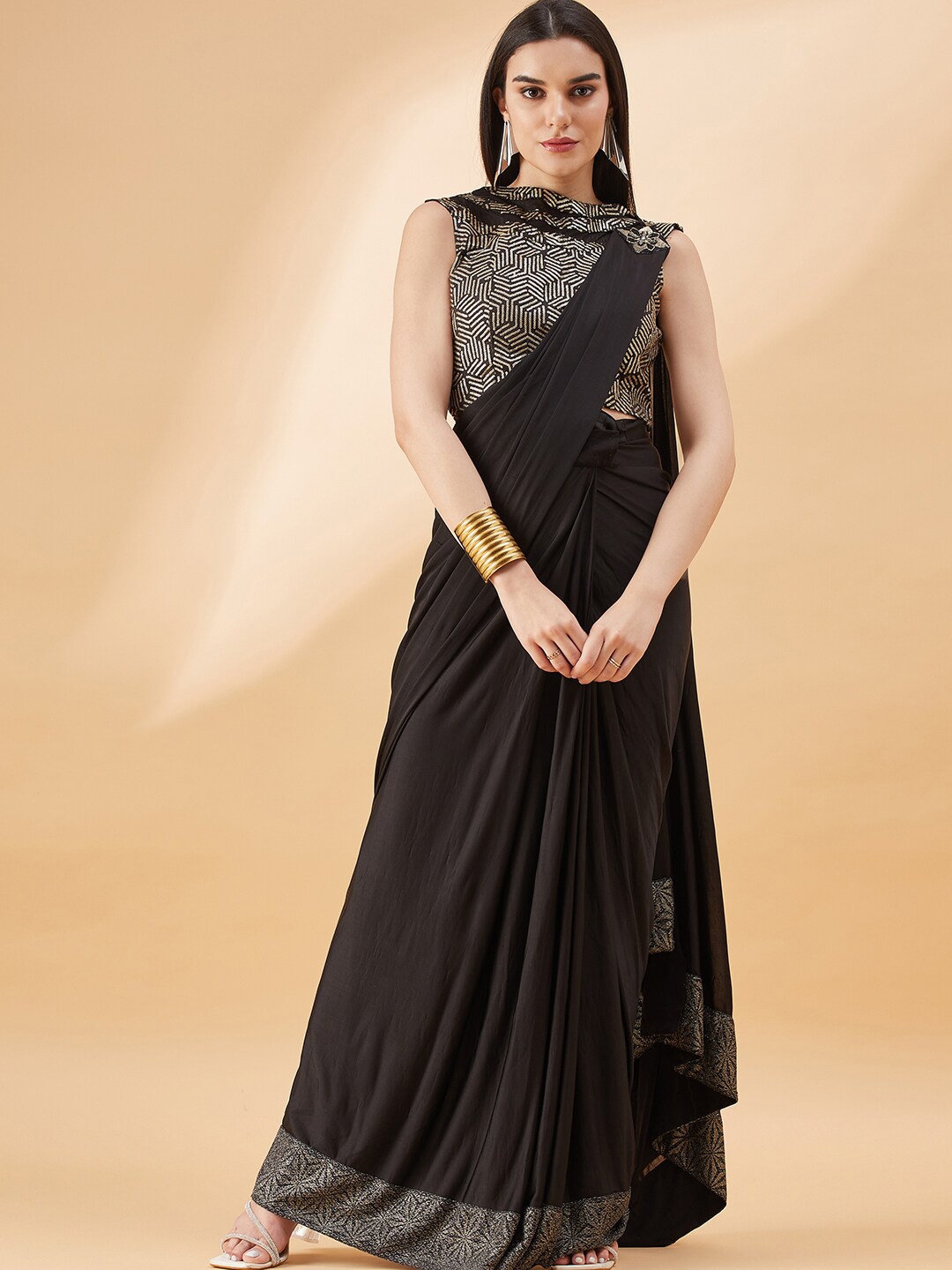 

all about you Embroidered Ready to Wear Saree, Black