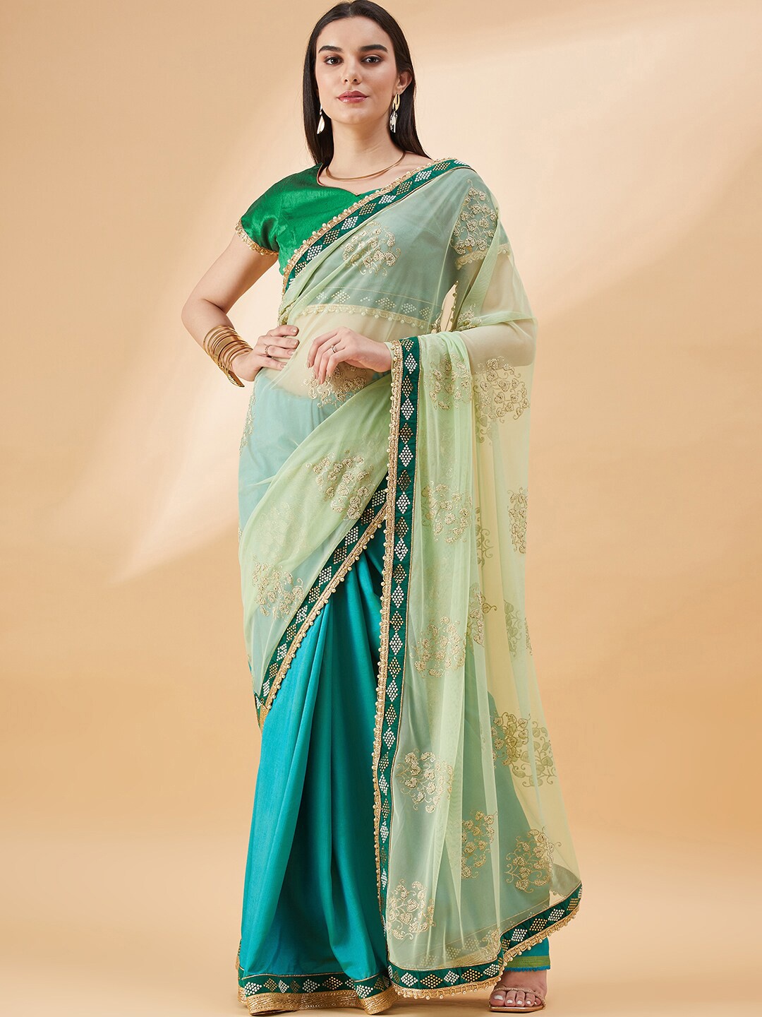 

all about you Floral Embroidered Net Saree, Turquoise blue