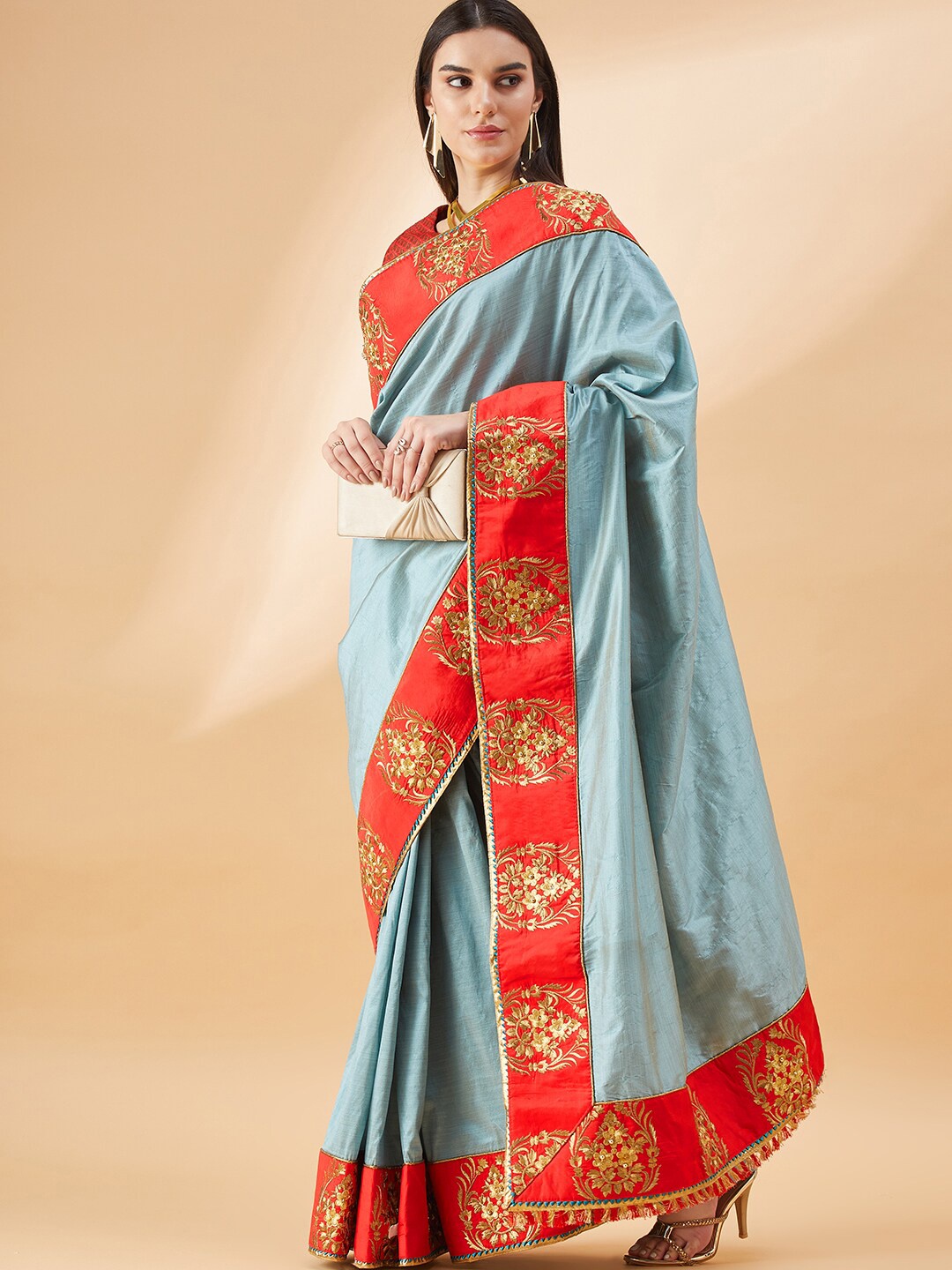 

all about you Ethnic Motifs Embroidered Saree, Grey