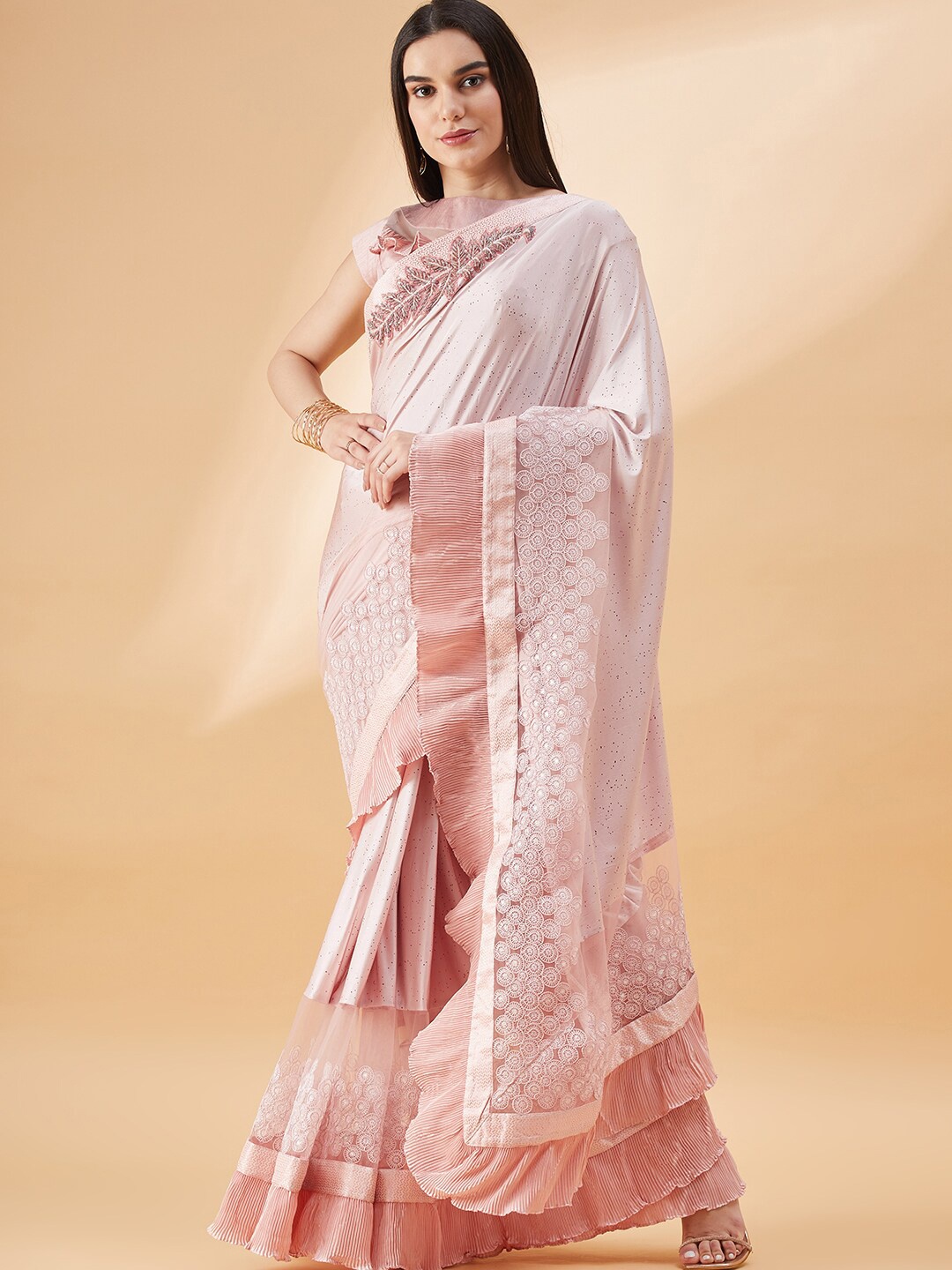 

all about you Floral Embroidered Designer Saree, Pink