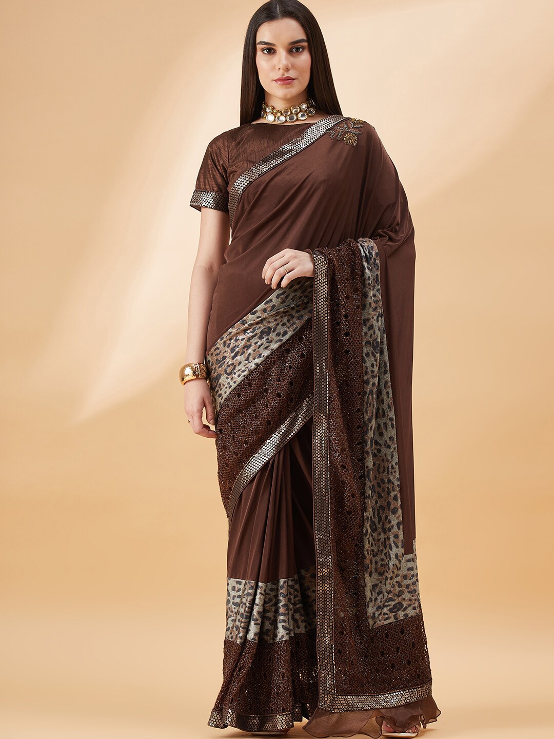 

all about you Animal Printed Saree, Brown