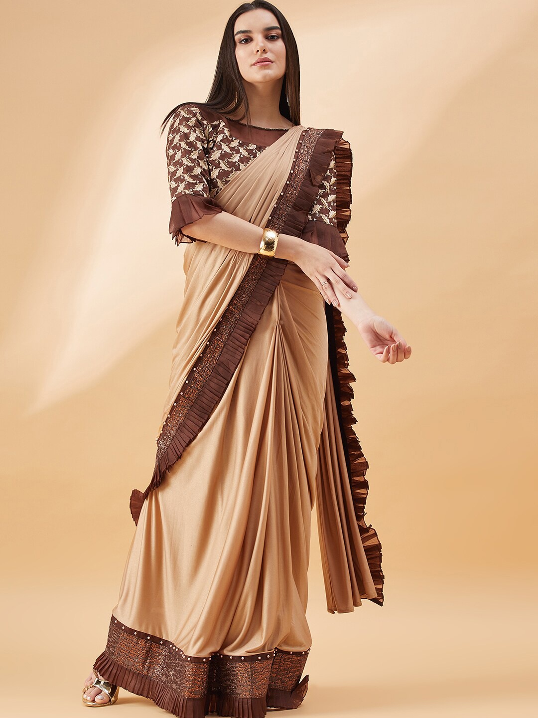 

all about you Embroidered Ready to Wear Saree, Beige