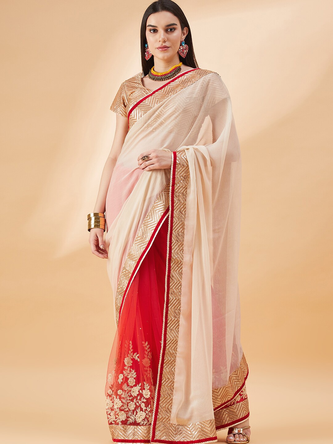 

all about you Floral Embroidered Pure Cotton Saree, Beige
