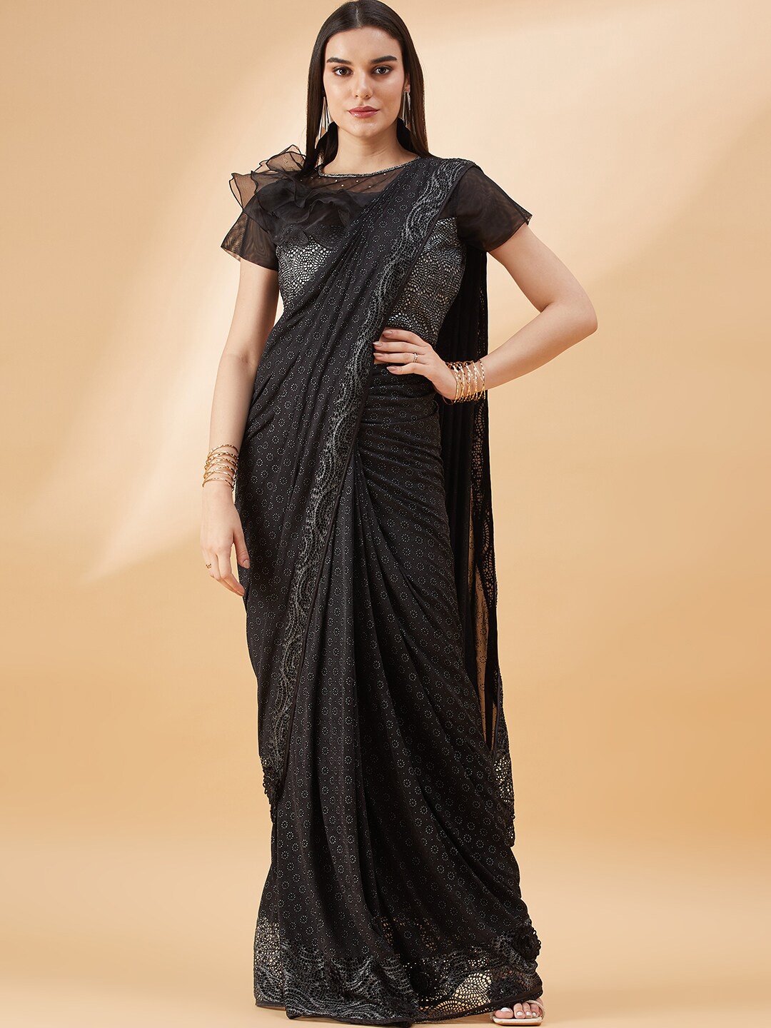 

all about you Floral Embroidered Saree, Black