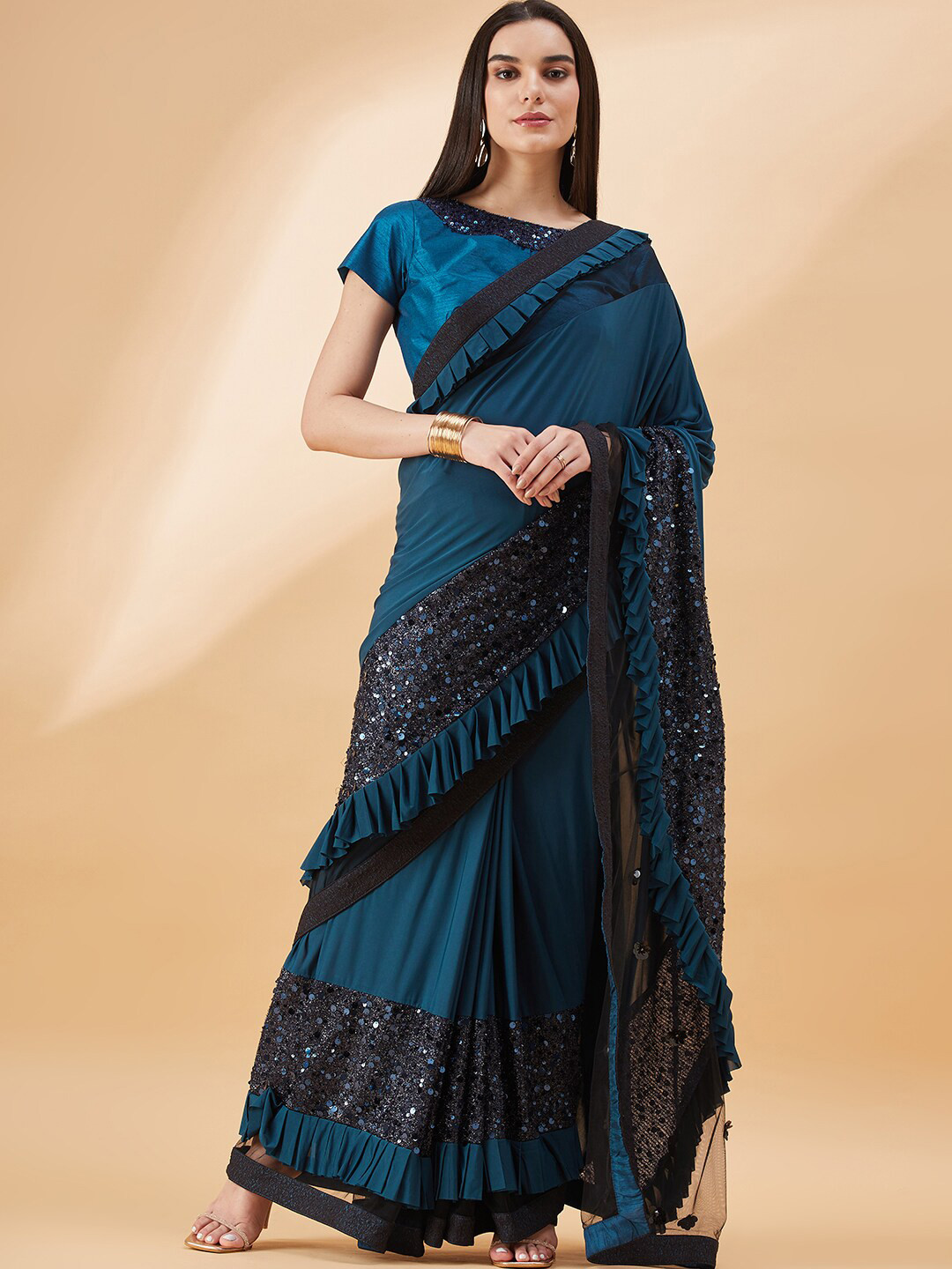 

all about you Ethnic Motifs Embroidered Designer Saree, Blue