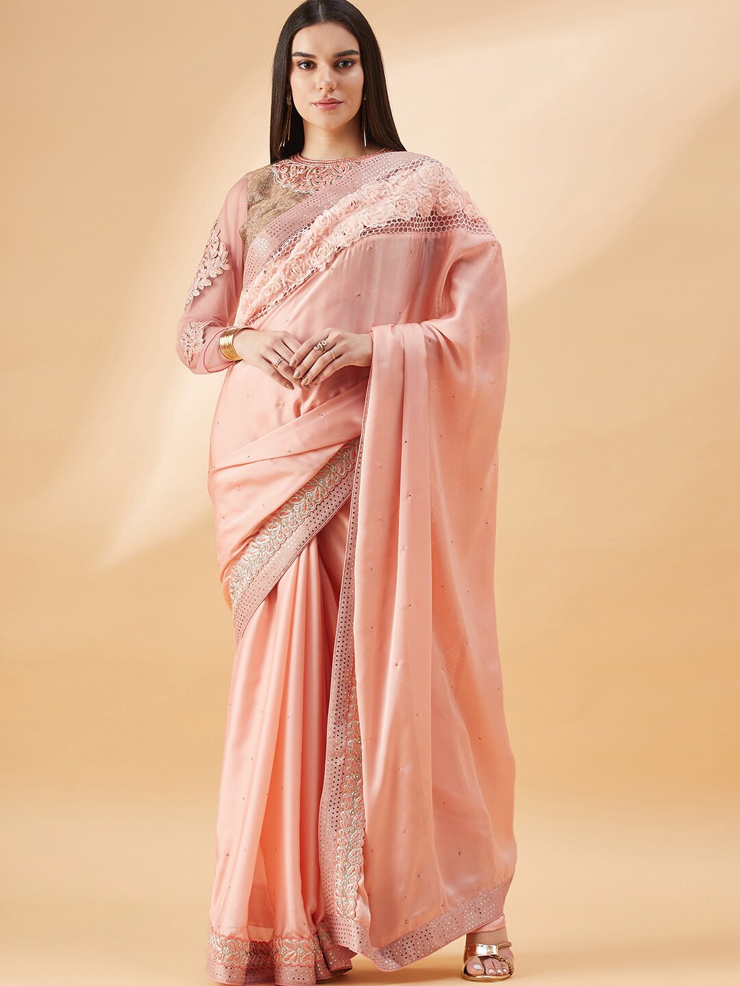

all about you Ethnic Motifs Embroidered Satin Saree, Peach