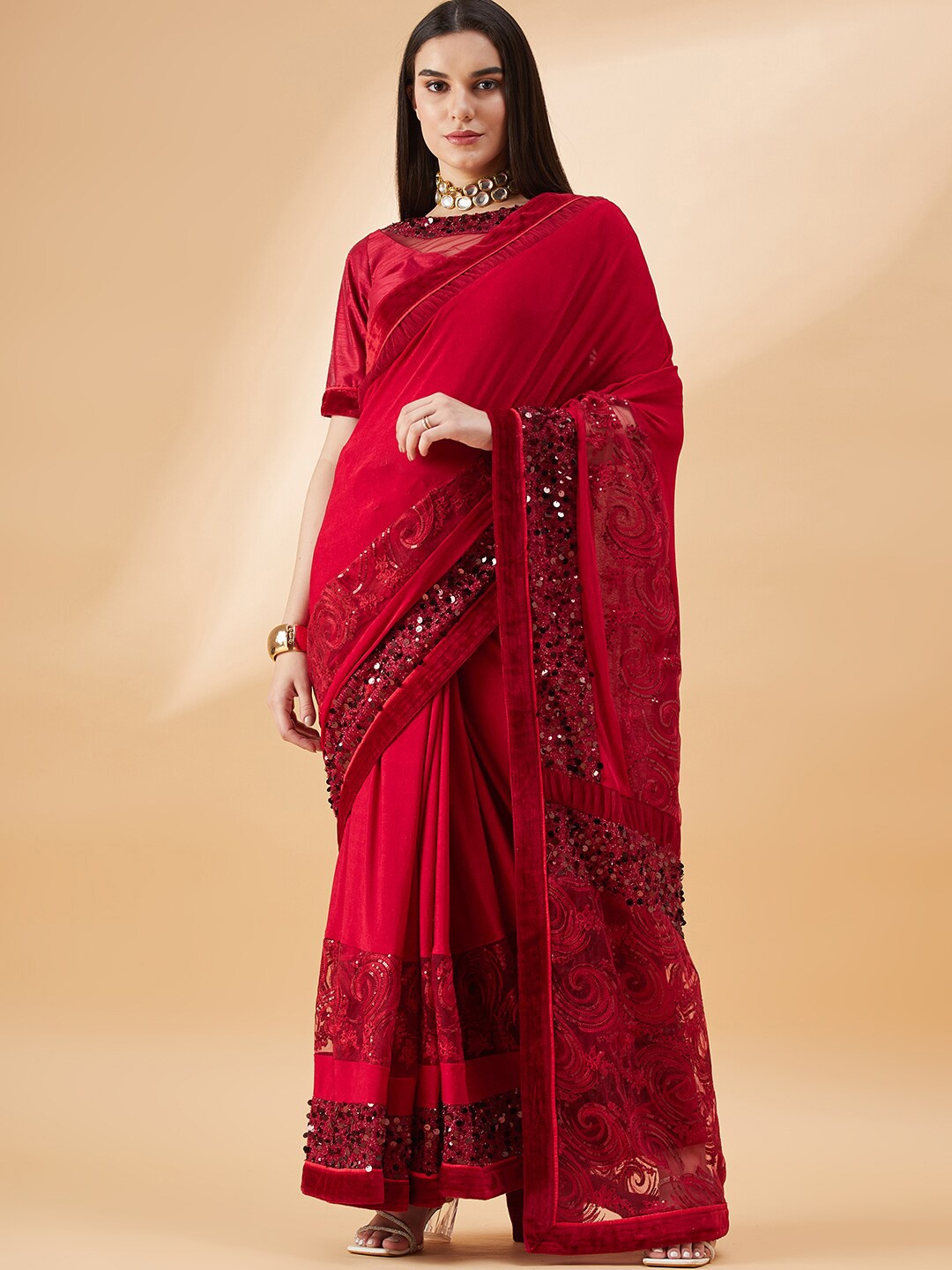 

all about you Ethnic Motifs Embroidered Saree, Maroon