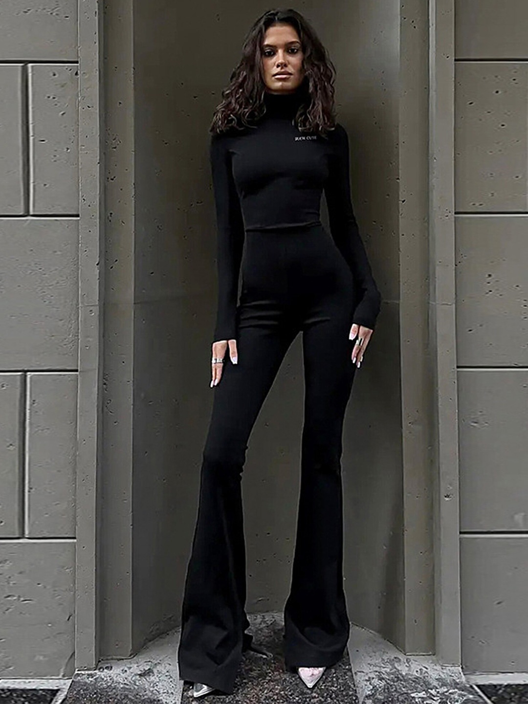 

LULU & SKY Slit Hem Flared Basic Jumpsuit, Black