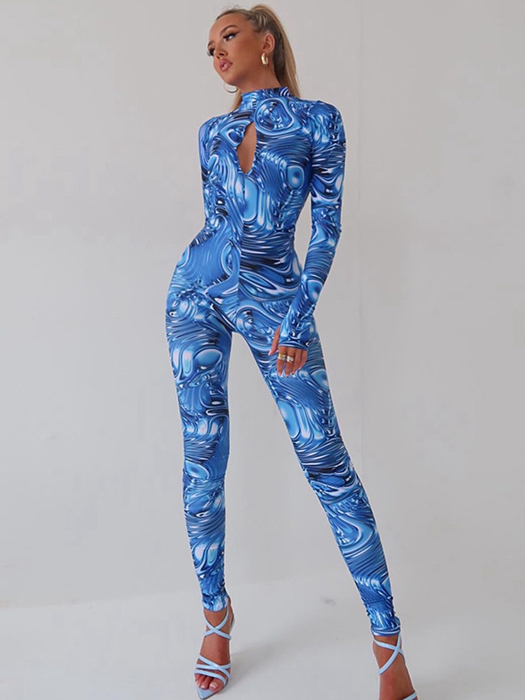 

LULU & SKY Abstract Printed High Neck Cut Out Jumpsuit, Blue