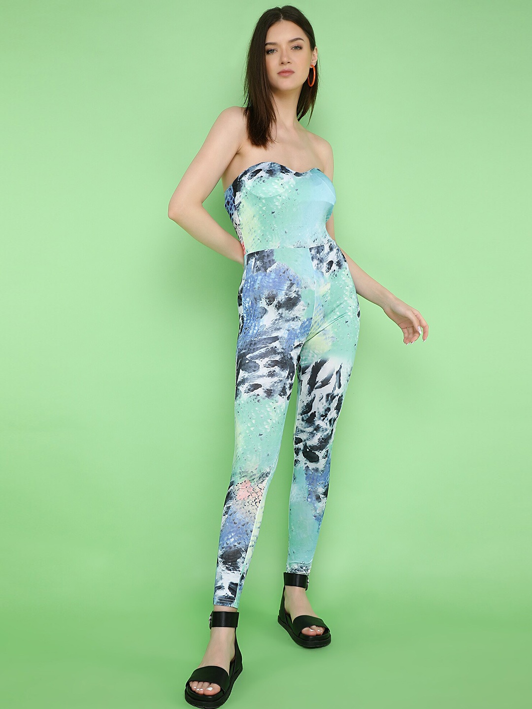 

LULU & SKY Abstract Printed Sweetheart Neck Basic Jumpsuit, Green