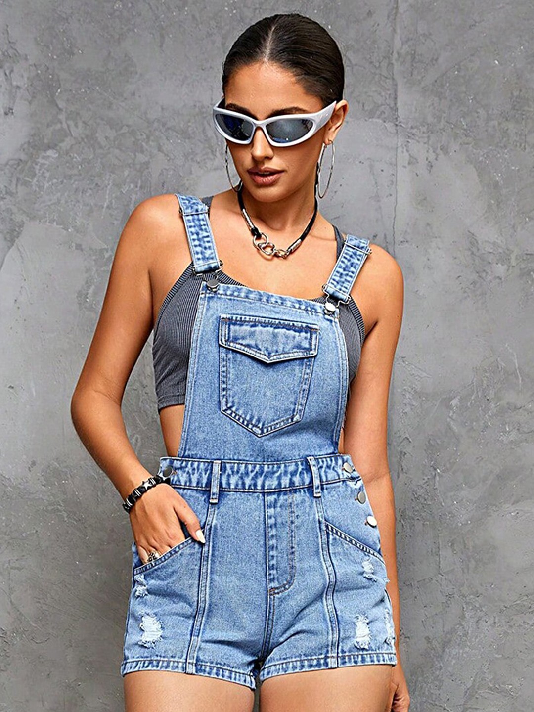 

LULU & SKY Multipocketed Straight Leg Denim Dungarees, Blue