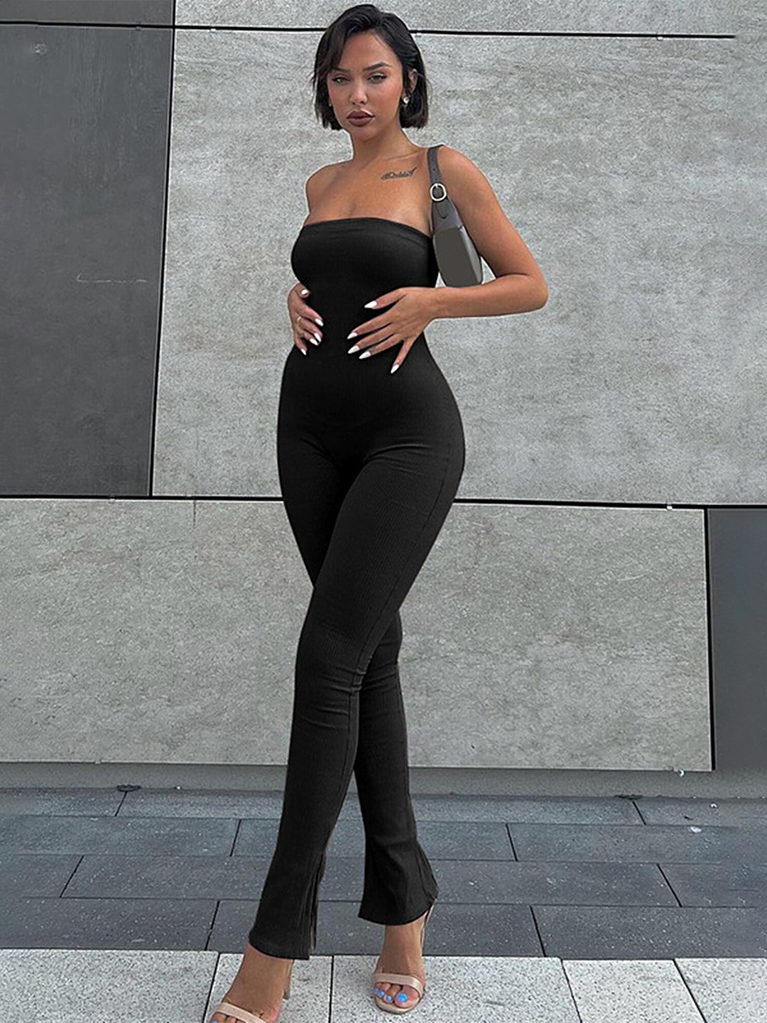 

LULU & SKY Strapless Basic Jumpsuit With Slit Hem, Black