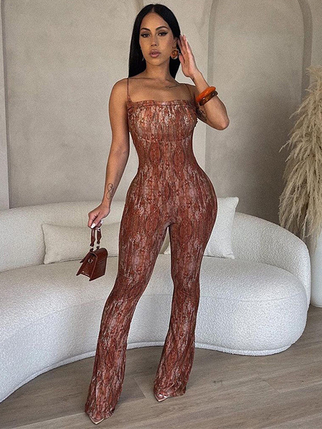 

LULU & SKY Abstract Printed Shoulder Straps Basic Jumpsuit, Brown