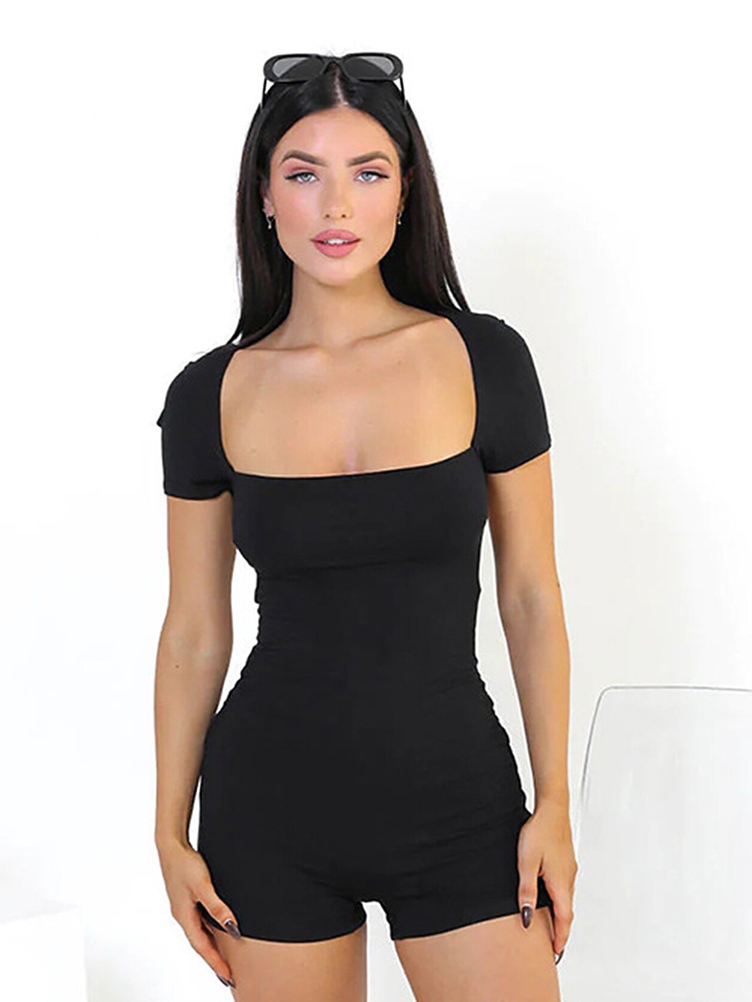 

LULU & SKY Square Neck Cut-Out Detailed Playsuit, Black