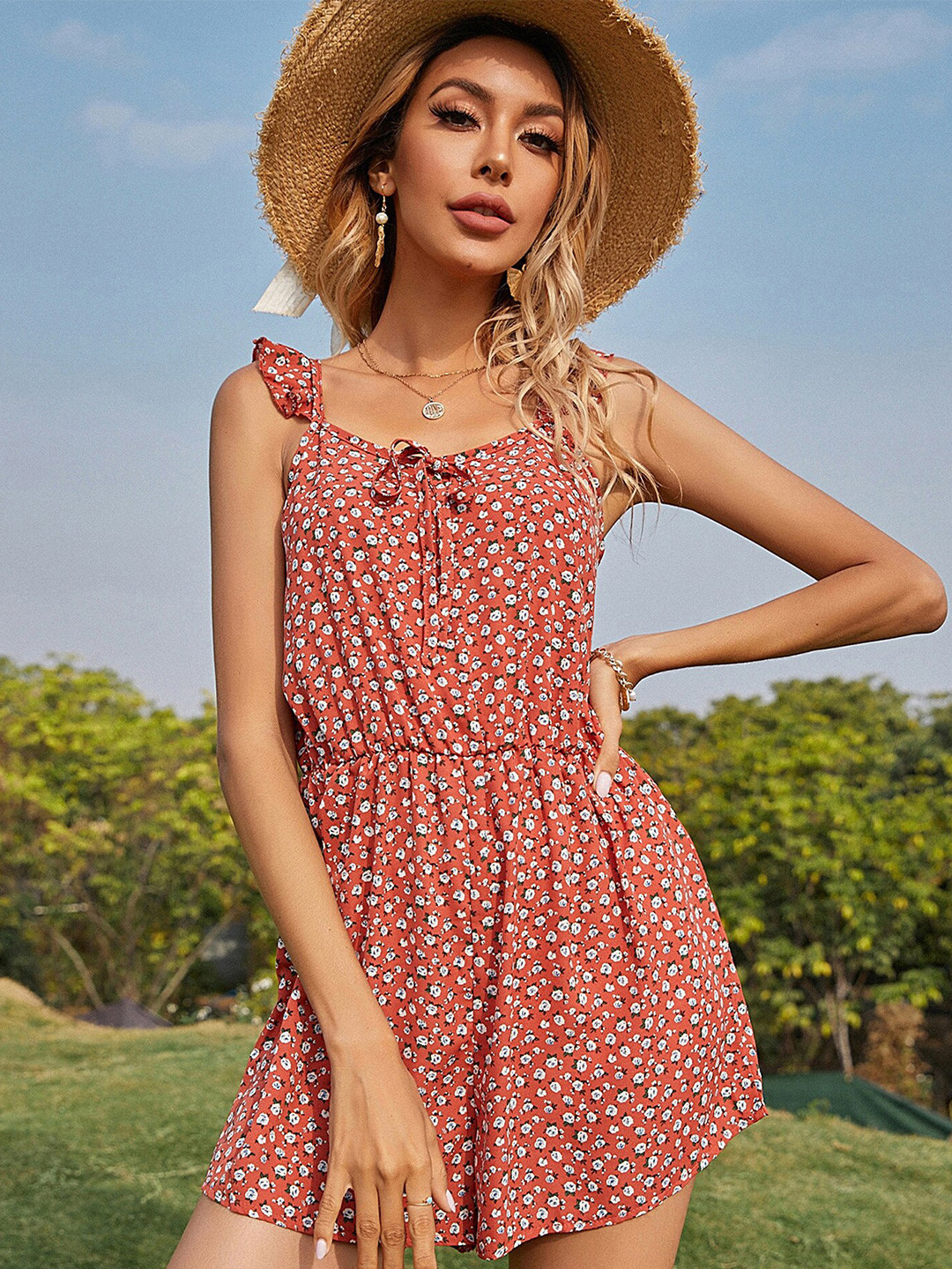 

LULU & SKY Floral Printed Shoulder Straps Playsuit, Red