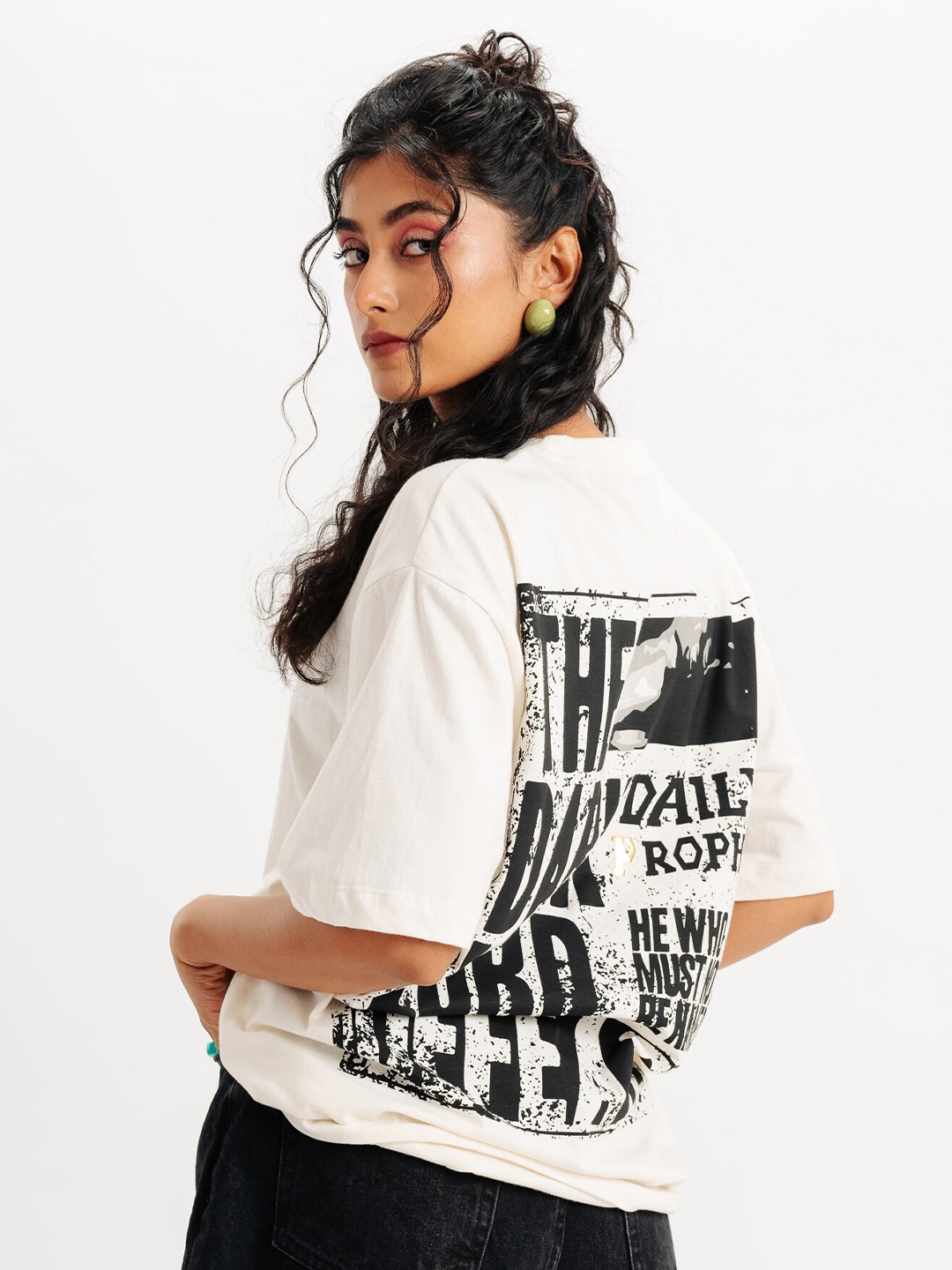 

FREAKINS Typography Printed Drop Shoulder Oversized Pure Cotton T-shirt, White