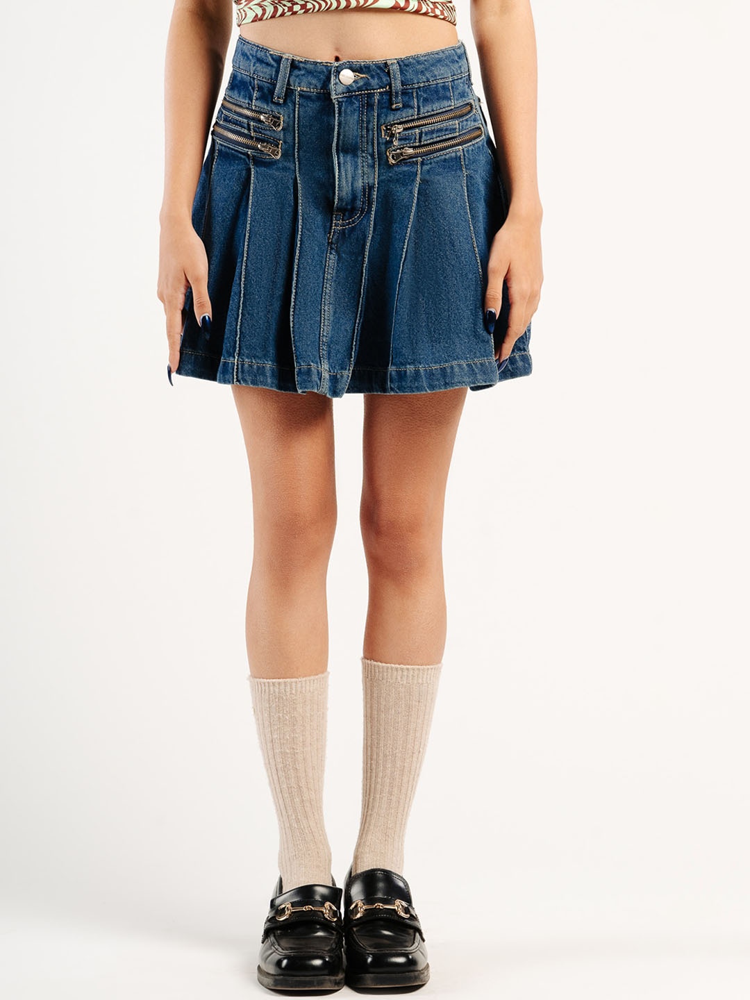 

FREAKINS Pleated Pure Cotton A-Line Skirt, Blue