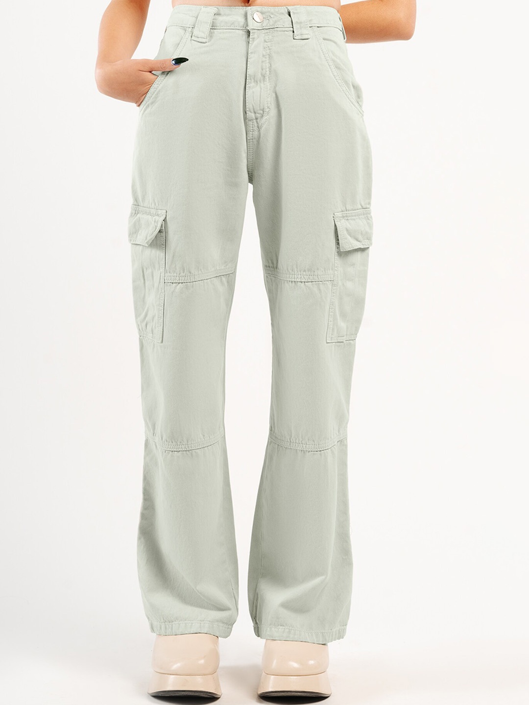 

FREAKINS Women Straight Fit High-Rise Pure Cotton Denim Cargos, Green