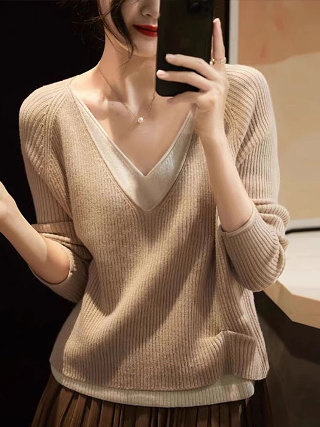 

LULU & SKY V-Neck 2 Piece Pullover Sweatshirt, Beige