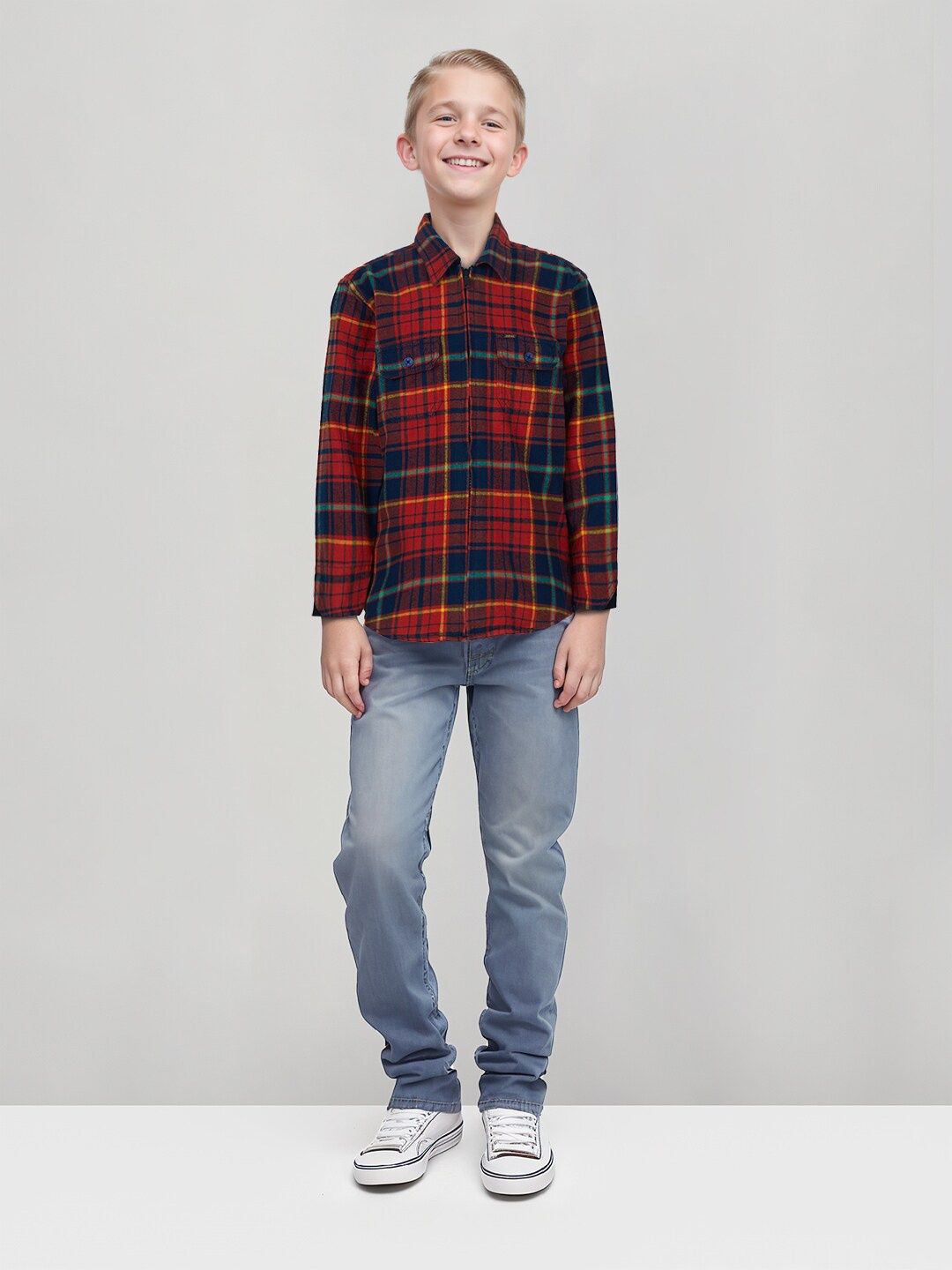 

Gini and Jony Boys Spread Collar Checked Cotton Shirt, Red