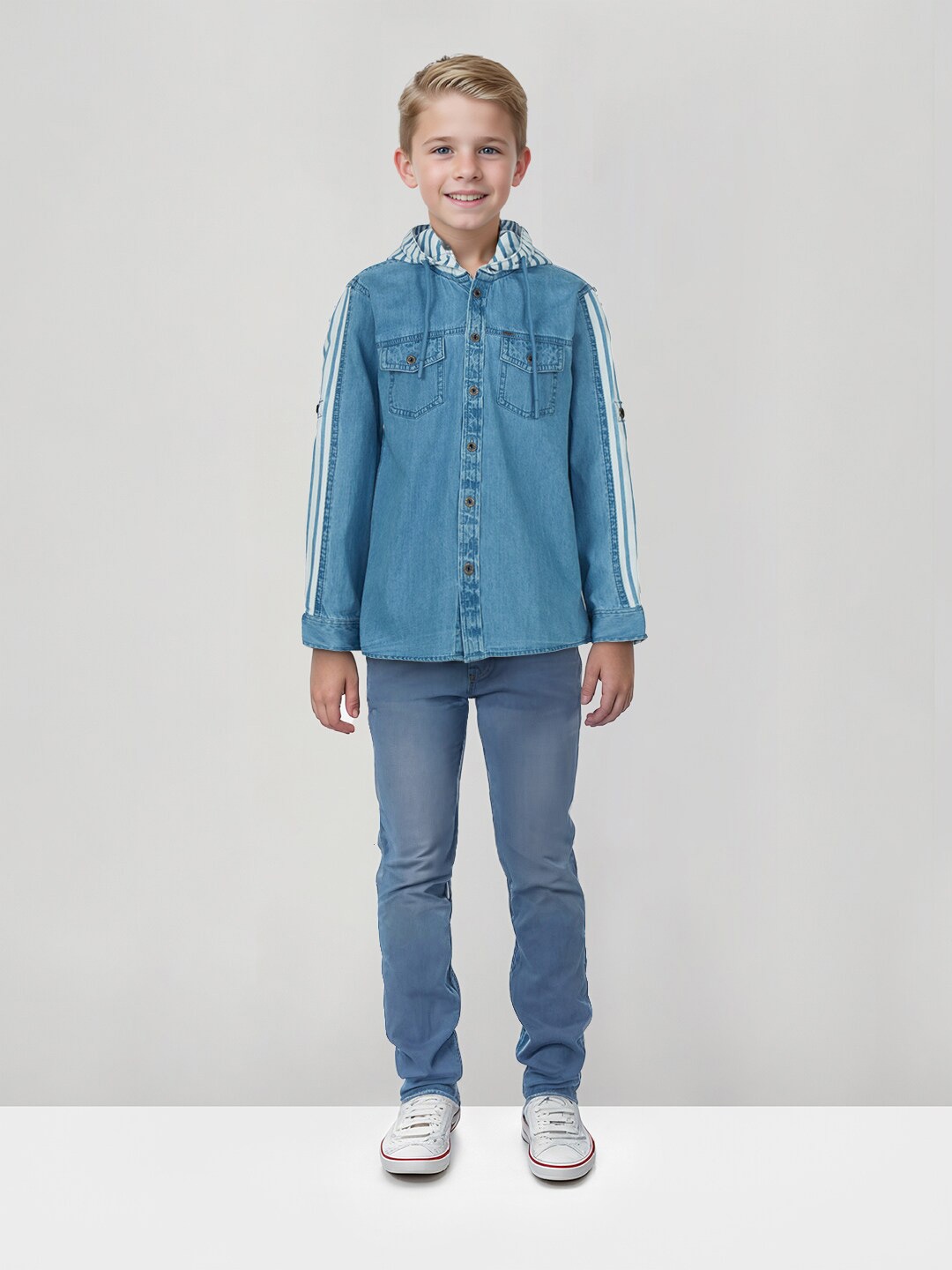 

Gini and Jony Boys Striped Hooded Denim Shirt, Blue