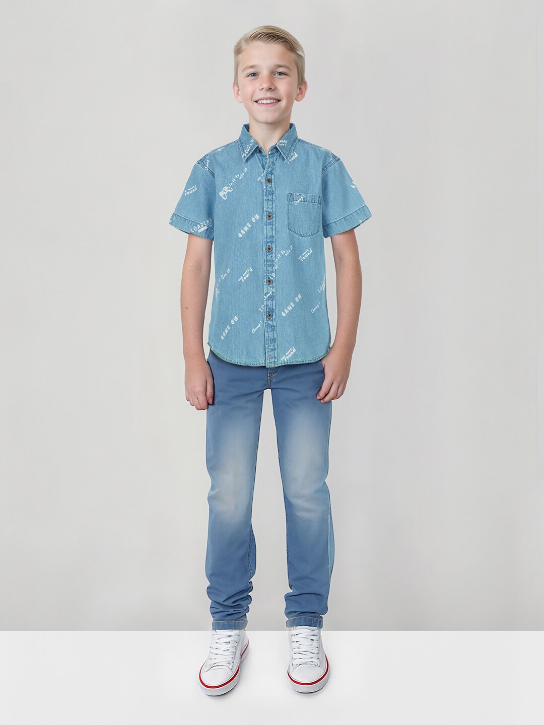 

Gini and Jony Boys Typography Printed Denim Shirt, Blue