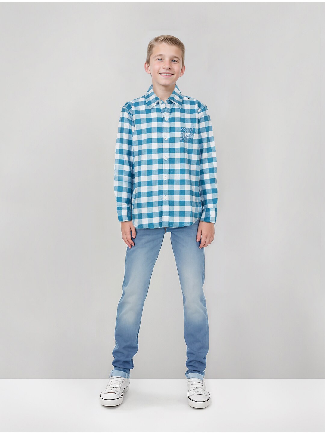 

Gini and Jony Boys Spread Collar Checked Cotton Shirt, Blue