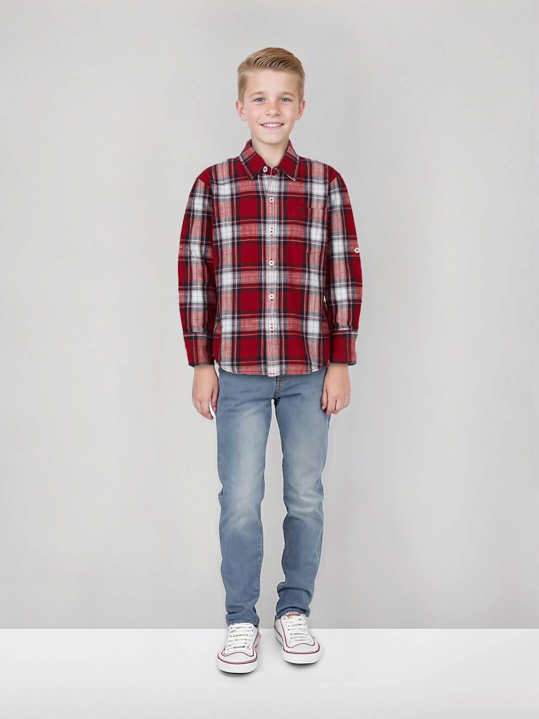 

Gini and Jony Boys Spread Collar Checked Cotton Shirt, Red