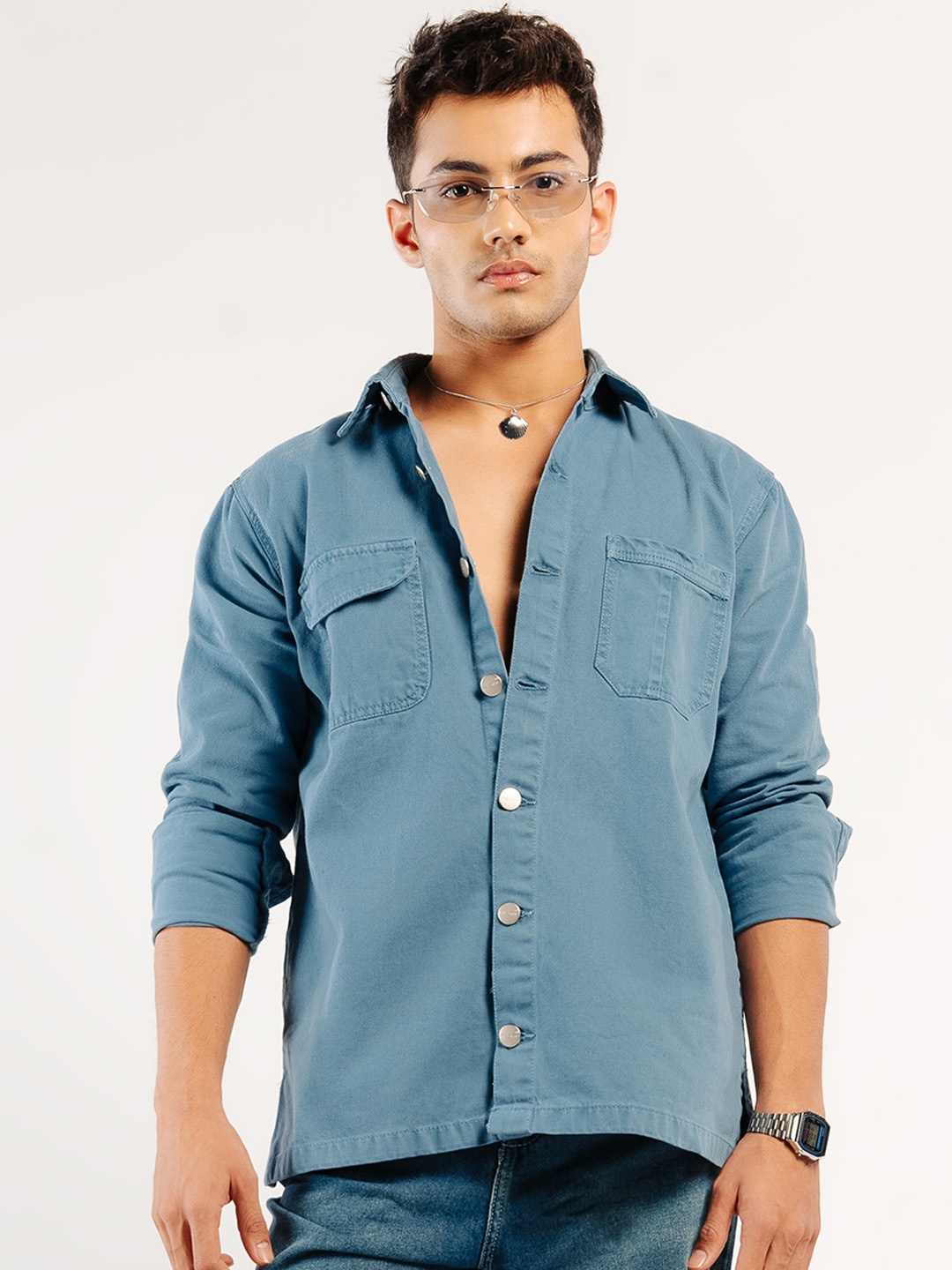 

FREAKINS Spread Collar Pure Cotton Denim Jacket, Blue