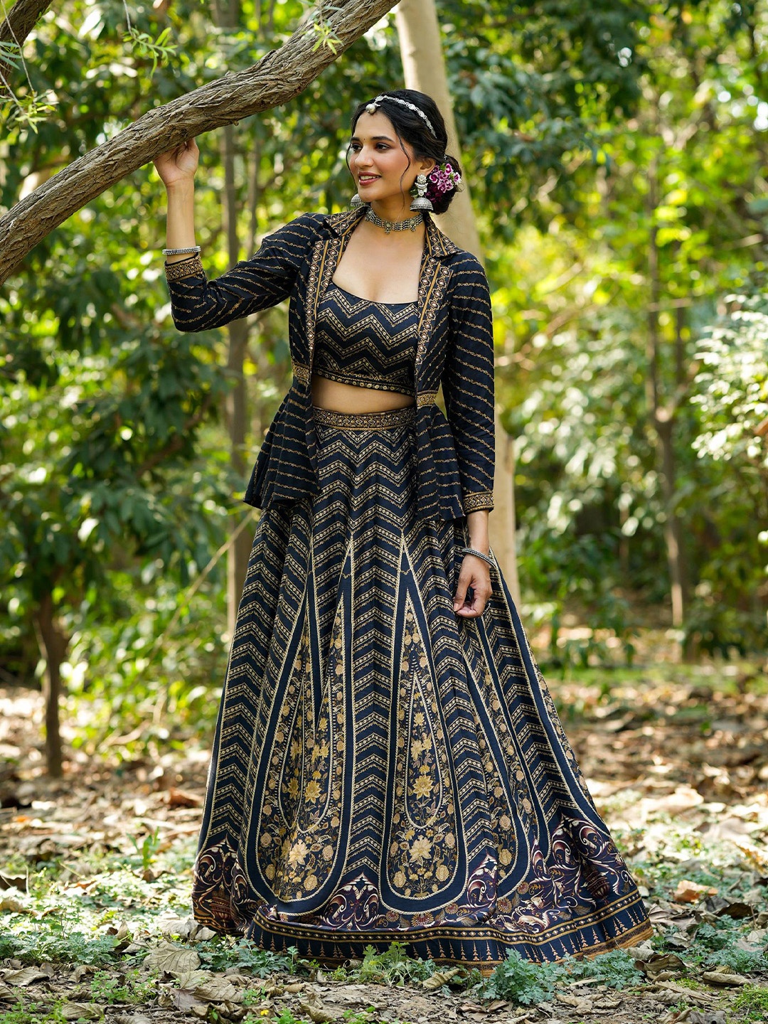 

SCAKHI Printed Beads And Stones Ready to Wear Lehenga Choli, Black