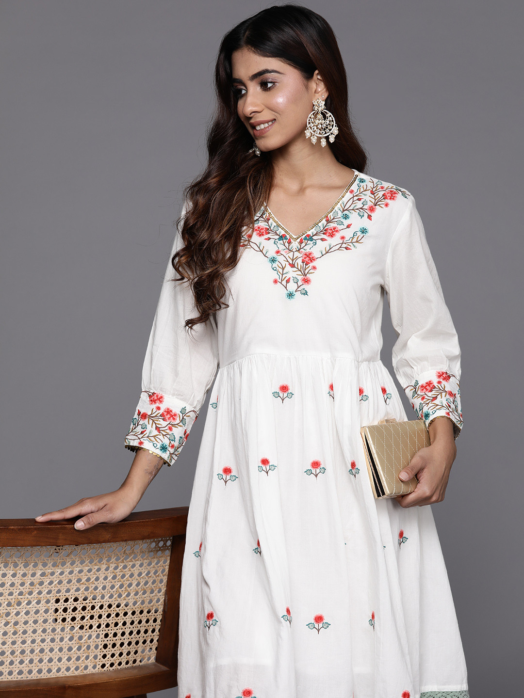 

Indo Era Floral Embroidered A-Line Dress, White
