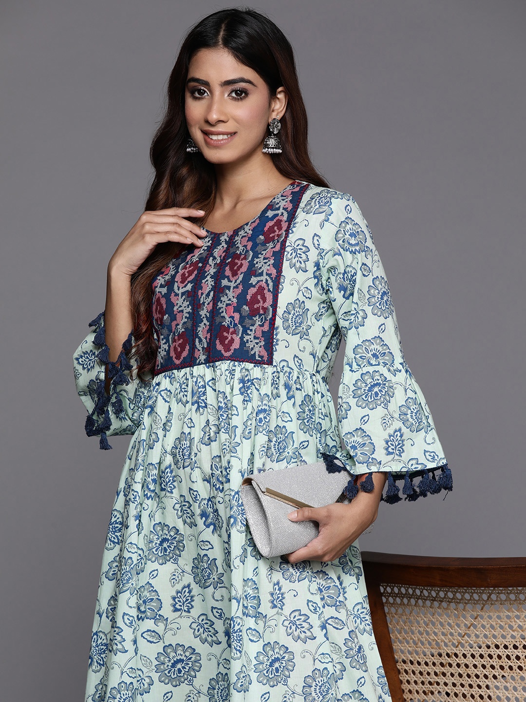 

Indo Era Floral Print Bell Sleeves with Pom-Pom Detail A-Line Midi Dress, Blue