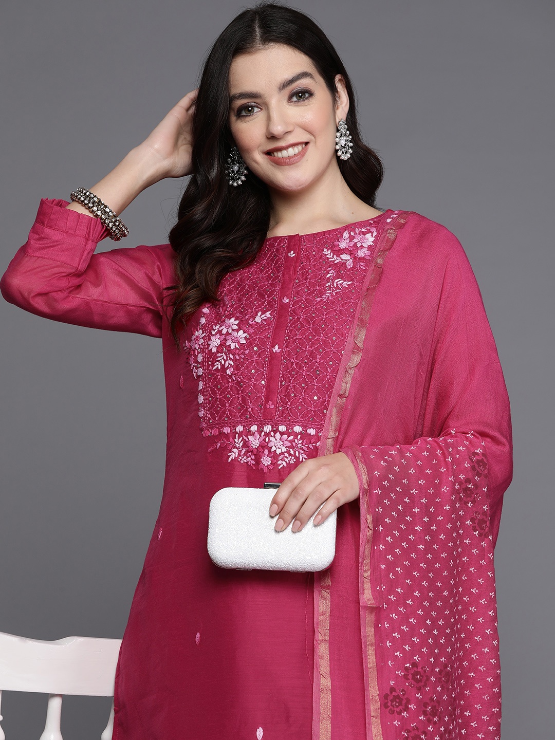 

Indo Era Women Floral Yoke Design Thread Work Chanderi Silk Kurta with Trousers & Dupatta, Pink