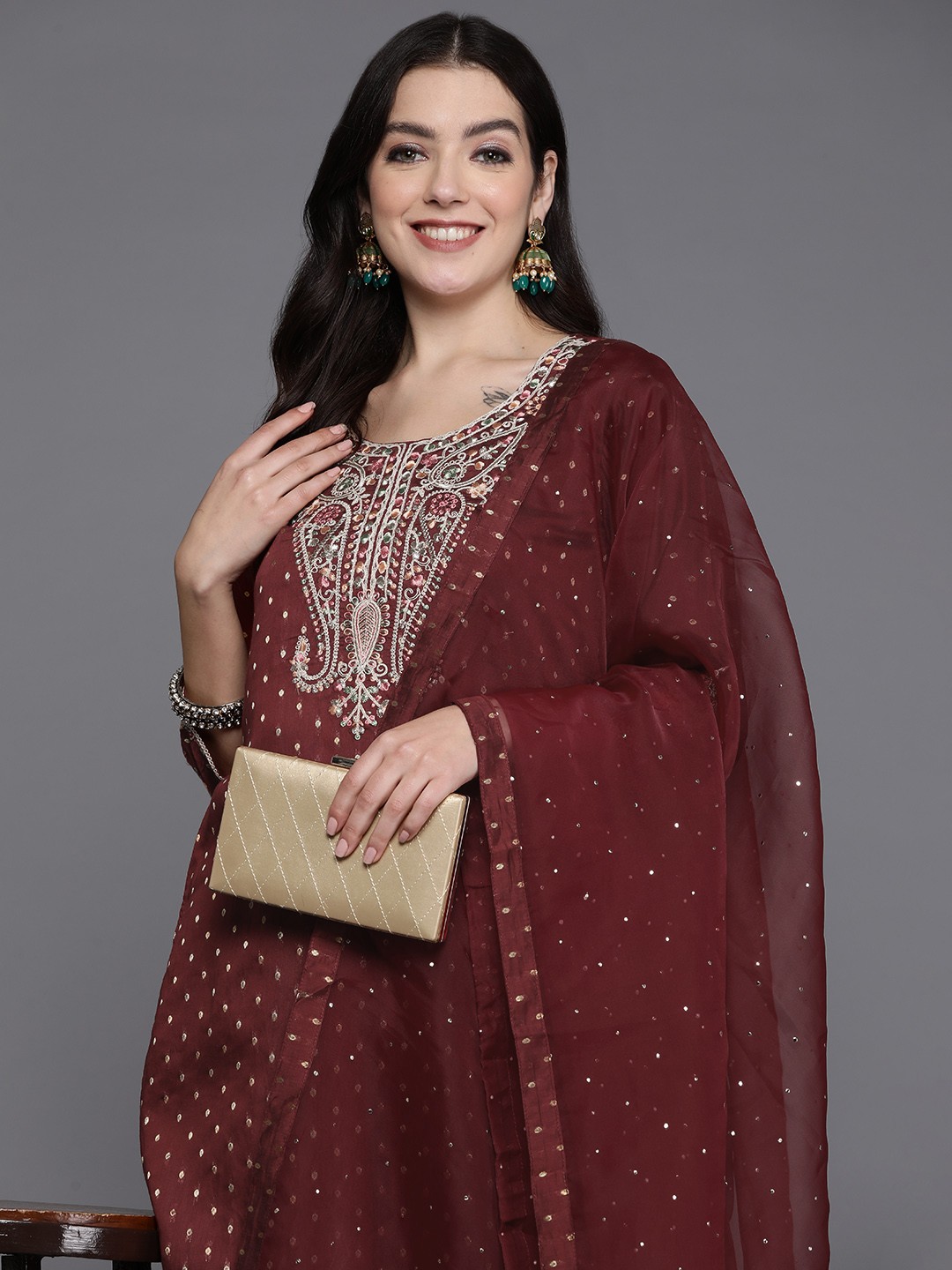 

Indo Era Women Ethnic Motifs Embroidered Thread Work Kurta with Trousers & With Dupatta, Maroon
