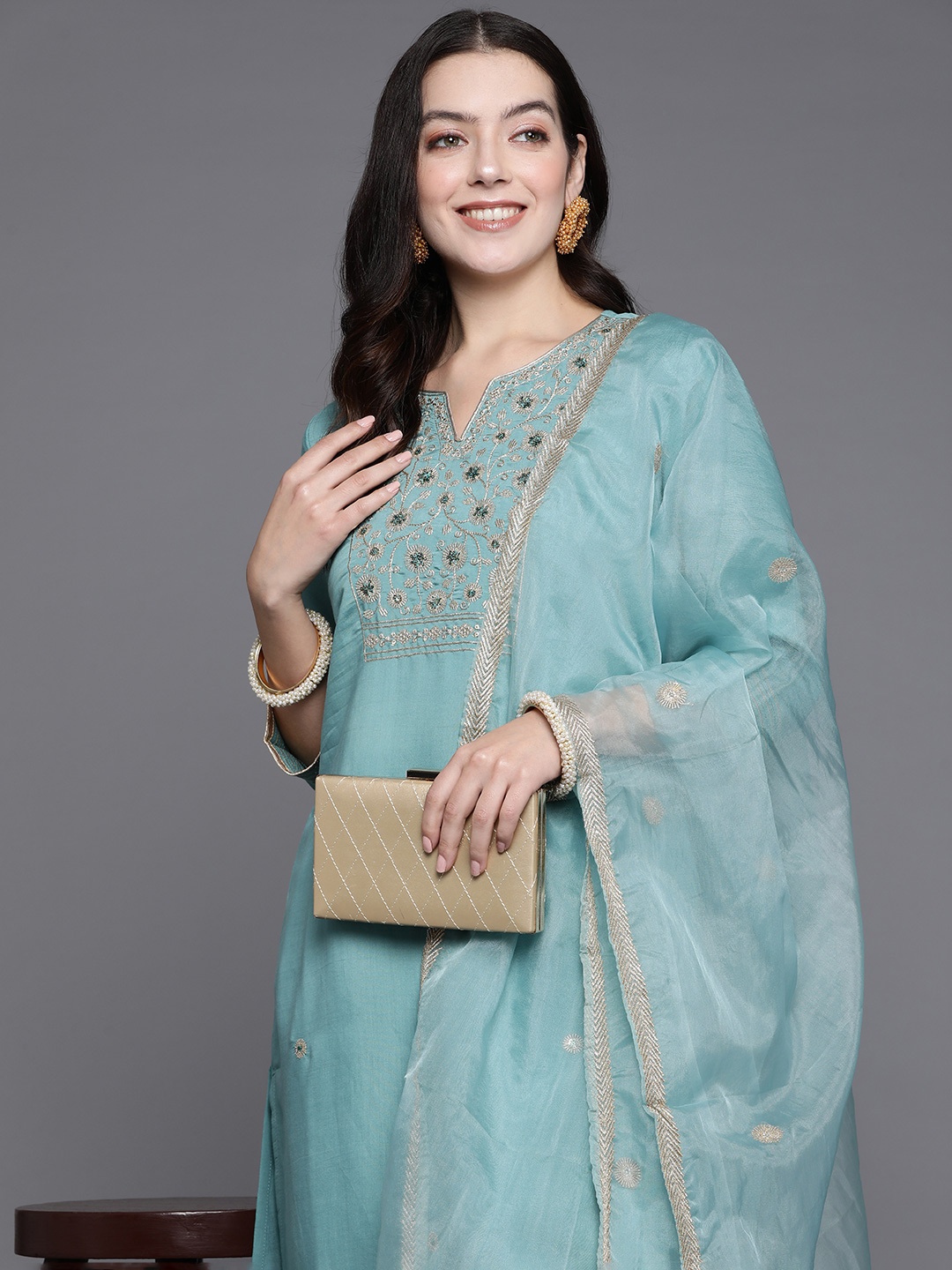 

Indo Era Floral Embroidered Sequinned Kurta with Trousers & Dupatta, Blue