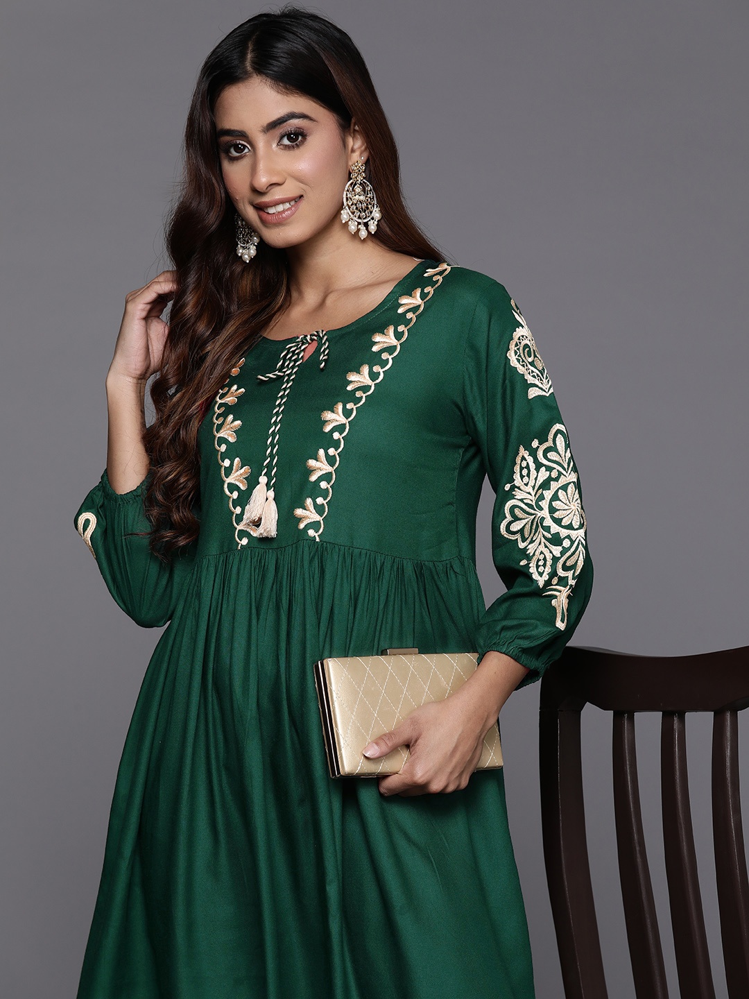 

Indo Era Floral Embroidered Tie-Up Neck Puff Sleeves A-Line Dress, Green